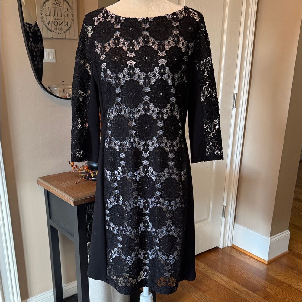 Nine West Black Lace sheer Sheath Dress 3/4 Sleeve Lined Stretch Women’s Size 12